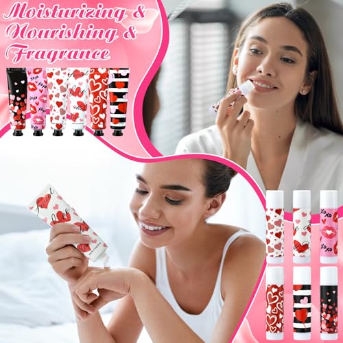 Loopeer 48 Sets Valentine Bulk Gifts Hand Cream and Lip Balm Bulk Set with Organza Bag Red Love Heart Card Galentine Gifts for Valentine Party Favors Stuffers Woman Men Teacher Staff Nurse Coworker