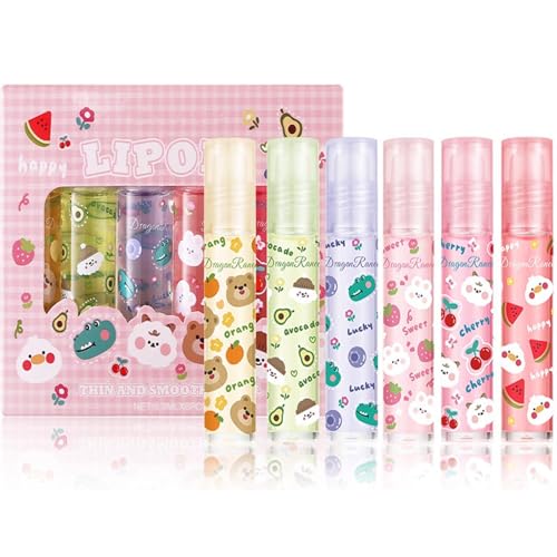 6Pcs Roll On Lip Gloss Oil Set,Hydrating and Nourishing Lips Light Lip Oil,Fruit Scents Vegan Lip Oil for Women