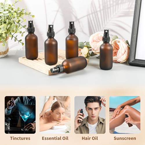 BILLIONSTARS 24 Pack 2oz Glass Boston Round Bottle with Fine Mist Sprayer - Amber Frosted - Essential Oils, Bath, Beauty, Hair & Cleaning - Leakproof Travel Bottles