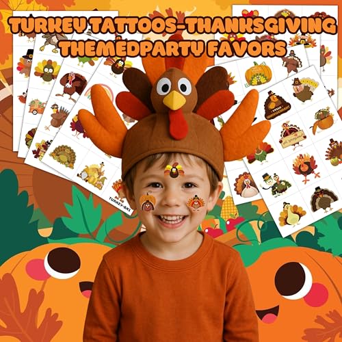 96PCS Thanksgiving Turkey Tattoos Stickers Pre-Cut Themed Autumn Fall Tattoos 1st Birthday Party Decorations Supplies Decor Favors for Kids Harvest Festival Prizes Rewards