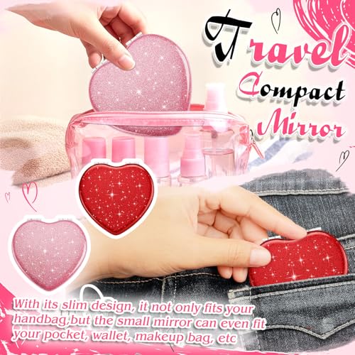 10 Pcs Red and Pink Heart Shaped Compact Mirror 1x/2x Magnifying Double-Sided Pocket Mirror for Purse, Cute Glitter Travel Makeup Mirrors Valentine's Day Gifts for Her, Travel Essentials