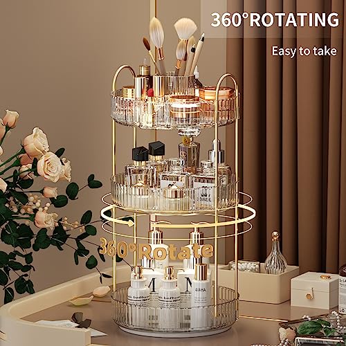 YCIA&DONE Rotating Makeup Organizer for Vanity, Large Capacity Make Up Storage Skin care Shelf Perfume Holders Cosmetic Dresser Organizer Countertop Spinning 360 (White Clear, 3Tiers)