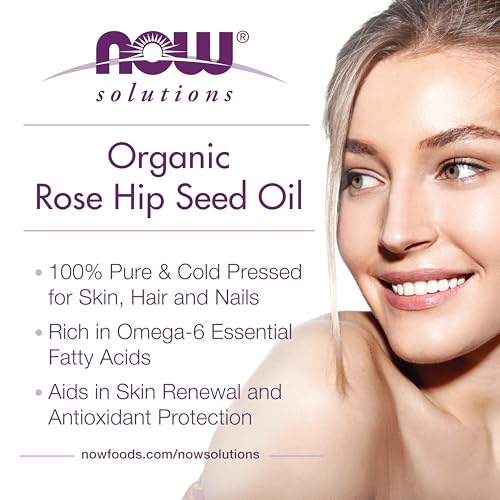 NOW Solutions, Organic Rose Hip Seed Oil, Certified Organic and 100% Pure, For Facial Care, Expeller Pressed, Vegan, Child Resistant Euro Dropper, 1-Ounce