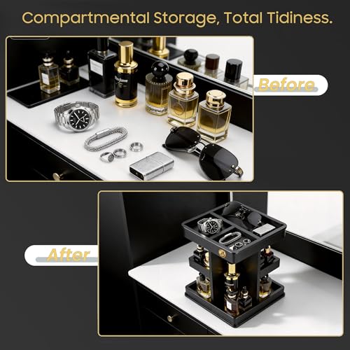 Cologne Organizer for Men, 3-Tier Large Capacity Wooden Cologne Stand with Metal Rotating Turntable, Perfume Shelf with Leather Mat Included, Desk & Nightstand Organizer, Birthday Gifts for Men, Black