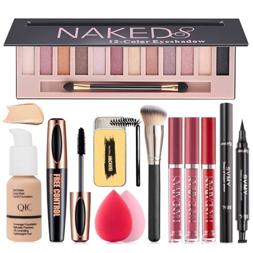 All in One Makeup Kit, Makeup Kit for Women Full Kit, Travel Make Up Gift Set for Women Teens Girls, Includes Eyeshadow, Foundation, Lipstick Set, Eyebrow Soap, Eyeliner Stamp, Mascara, Brush, Sponges
