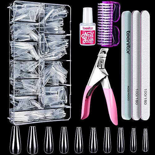 Teenitor Acrylic Nail Kits for Beginners, 600pcs Clear Coffin Nail Tips, 16 Sheets Nail Art Sticker, 8 Boxes Nail Sequins Glitters, 15pcs Nail Art Brushes, 5pcs Nail Dotting Pens