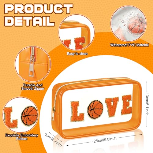 6 Pcs Basketball Clear Makeup Bag with Chenille Letter Patch Sport Goodie Clear PVC Pouch Organizer Waterproof Travel Toiletry Bags for Sports Theme Birthday Party Supplies