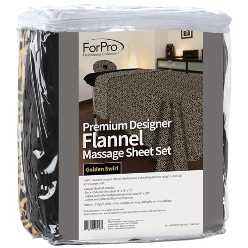 ForPro Premium Designer Flannel 3-Piece Massage Sheet Set, Golden Swirl with Black Fitted Sheet