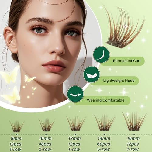 KEYYOU Natural Lash Clusters Kit 144Pcs DIY Lash Extension Kit Wispy Eyelash Extensions Kit D Curl 8-16MIX with Bond and Seal and tweezers with Thin Lash £¨KIT-N03-Brown-D-8-16MIX£©