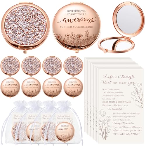 10 Sets Womens History Month Gift Bulk Inspirational Compact Mirror Makeup Rhinestone Purse Double Sided Folding Mirror with Gift Cards for International Women's Day Girls