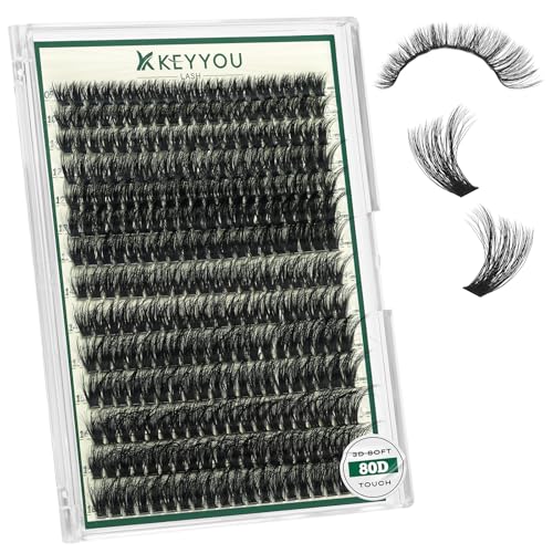 KEYYOULASH Lash Clusters 3D Effect Eyelash Clusters 280pcs 80D D Curl 9-18MIX Individual Lashes Natural Wispy Lashes Volume Cluster Eyelash Extensions Natural Soft DIY Lash Extension(80D£¬Zzlj-2)