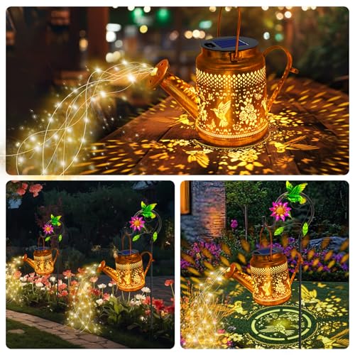 Solar Lanterns Outdoor Waterproof, Hummingbird Watering Can Garden Decor, Hanging Solar Path Lights Yard Art, Outside Patio Decoration Gardening Christmas Gift for Mom Grandma Women with Shepherd Hook