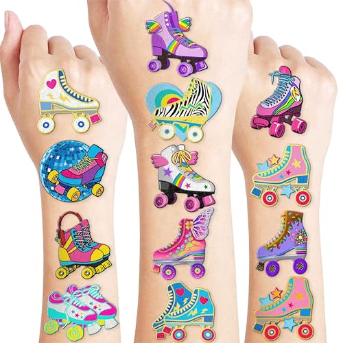 96 PCS Roller Skate Skating Pre-Cut Temporary Tattoos Themed Birthday Party Favors Decorations Supplies Decor Retro 80s 90s Disco Skateboard Tattoo Stickers Gifts For Boys Girls Class (Normal)