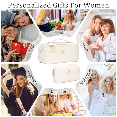 Birthday Gifts for Women Teen Girl, Personalized Initial Makeup Organizer Bag Set, Open Flat Travel Cosmetic Bag With Clear Divider and Handle(Large-Beige,A)