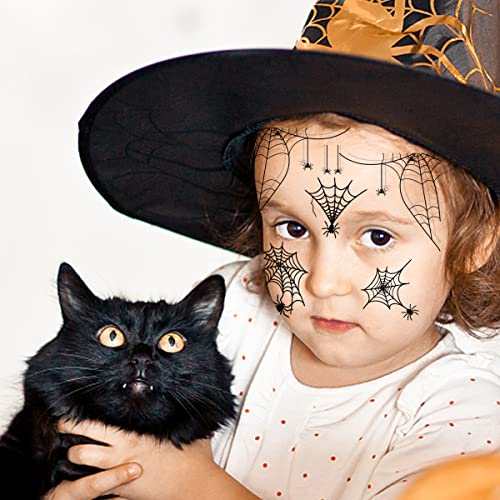 Halloween Spider Temporary Tattoos Web Face Makeup Supplies - 12 Sheets Full Face Scary Black Fake Spiders for Day of the Dead Stage Show Witch Costume Party Prank Props