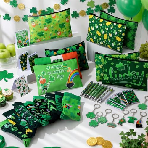 32 Pcs St Patrick's Day Gifts Set Makeup Bags Bulk Irish Shamrocks Socks Green Clover to Do List Notepad Ballpoint Pens Rainbow Lucky Gnome Keychain for Party Favors Supplies Holiday Gifts