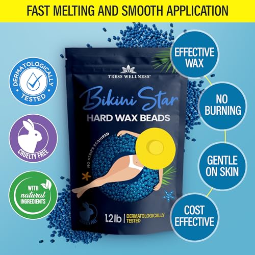 Tress Wellness Wax Beads - Safe for Skin - Dermatologically Tested - At-Home Kit for Bikini, Brazilian & Full Body - Bikini Star 1.2lb