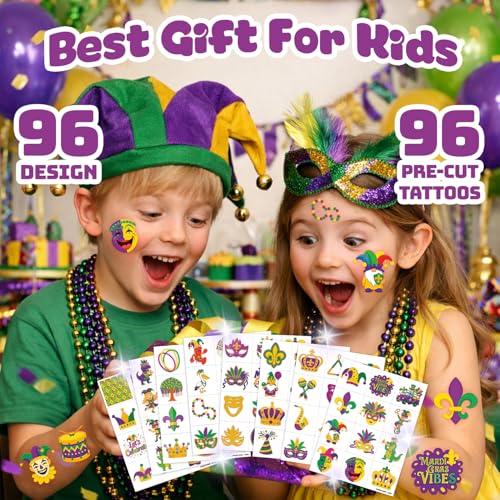 96 PCS Happy Mardi Gras Pre-Cut Temporary Tattoos for Kids | Super Cute Themed Birthday Party Favors, Supplies, Decorations, Festival Fake Tattoo Stickers, School Rewards Prizes & Gifts Boys & Girls