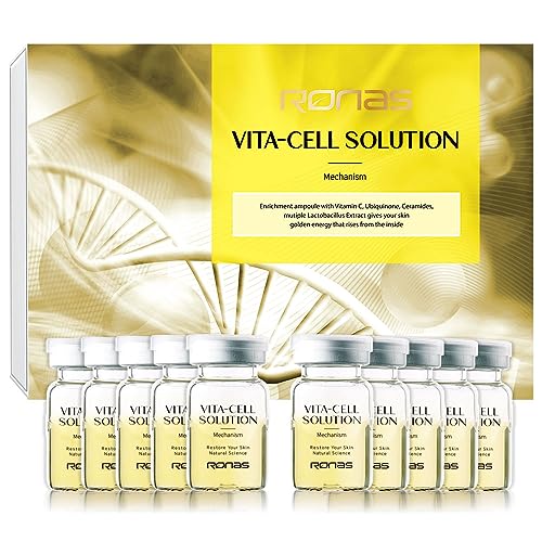Ronas VITA Cell Solution,Anti Aging Serum for Face neck with Hyaluronic Acid,Vitamin C, Ceramide, Beta glucan, Hydrating Tone up serum for Dark Spots, Fine Lines & wrinkles 0.16oz 10vial, 1.6 Fl Oz