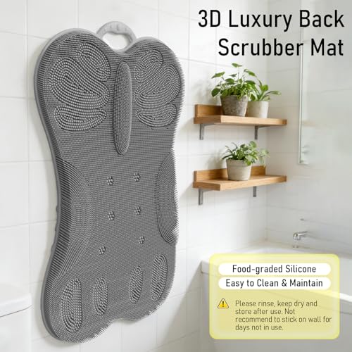 Shower Scrubber for Back & Body Wall Mounted Men Women, XL Large Scrubber Mat Exfoliating Bristles & Massage Brush - Long Wide Cover Bathtub Luxury Bath Cushion Back Support Pad Big Suction Cups Grey