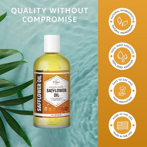 ORGANIC SAFFLOWER OIL (8 oz) Premium Cold Pressed Unrefined High Oleic 100% Pure Safflower Oil for Skin, Face, Hair, Soap Making | Carrier for Essential Oils | Available in Bulk | 8 FL OZ
