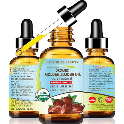 Botanical Beauty Organic JOJOBA OIL 100% Pure Natural VIRGIN UNREFINED Cold-Pressed Carrier Oil 0.5 Fl oz 15 ml for Face, Skin, Body, Hair, Lip, Nails. Rich in Vitamin E, Omega 6, Omega 9