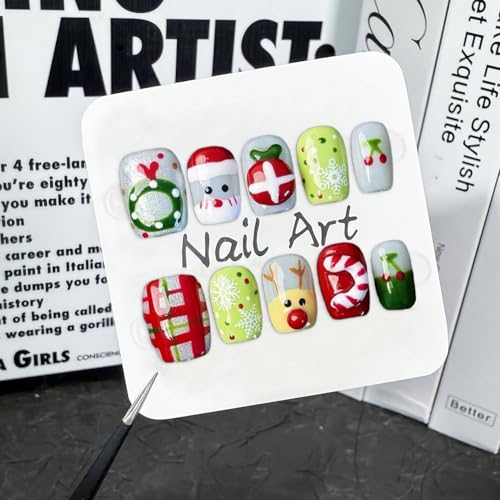 Handmade Christmas Press on Nails Thick Short Square False Nails with Xmas Reindeer Santa Claus Candy Cane Designs Muti-Layer Gel False Nails Full Cover Glitter Acrylic Nails for Women (Size S)