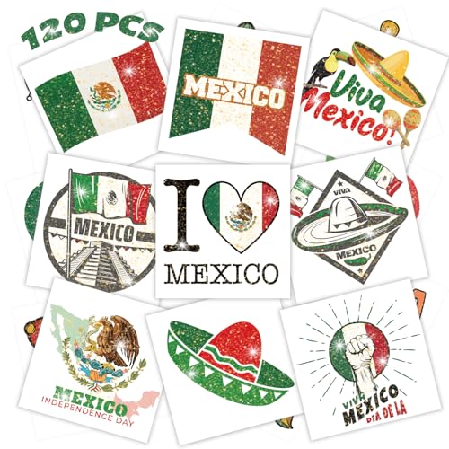 winthrop 120 Pcs Glitter Mexican Independence Day Temporary Tattoos, Individually Wrapped Waterproof Safety Mexico Themed Tattoos, Best Choice for September 16th Viva Mexico Party, 60 Designs