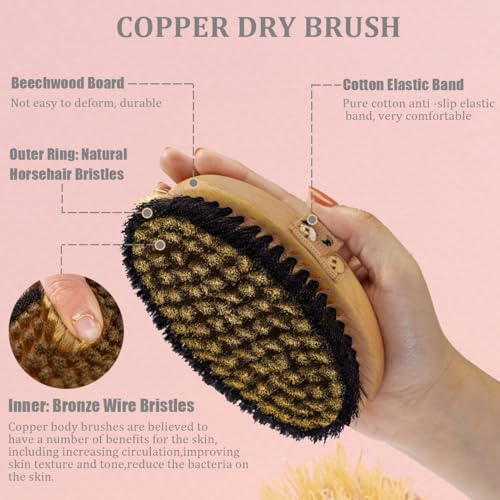 Copper Dry Brushing Body Brush with Ion Charged Bristles Dry Brush for Lymphatic Drainage, Exfoliating Body Brushs,Reduce Stress (L)