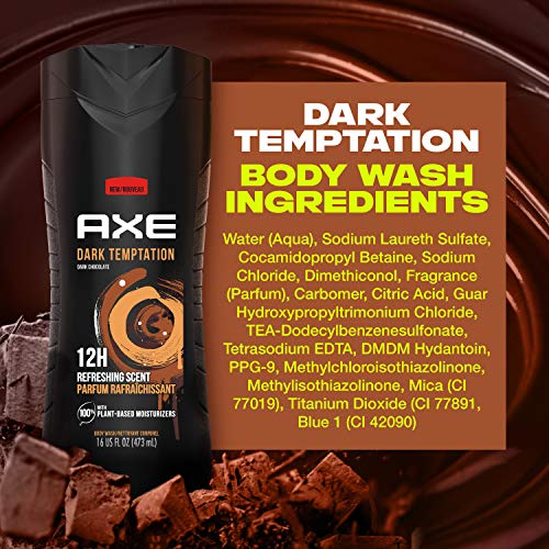 AXE Body Wash 12h Refreshing Scent Dark Temptation Dark Chocolate Men's Body Wash with 100 percent Plant-Based Moisturizers 16 oz (Pack of 2)
