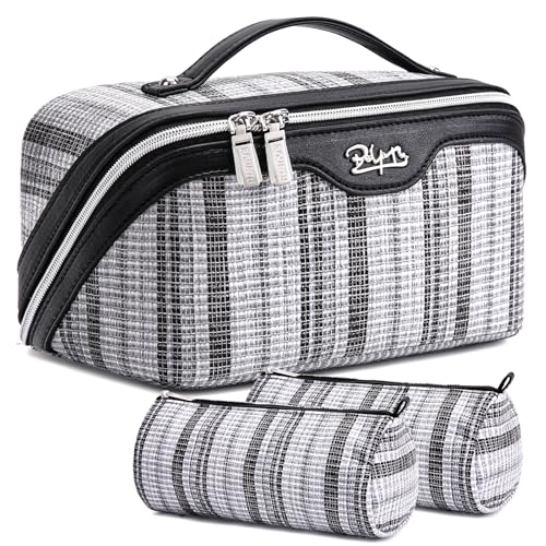 BOYATU Travel Makeup Bag for Women: Large Capacity Open Flat Make up Bag Set of 3 - Vegan Leather Cosmetic Bag with Compartments - Waterproof Toiletry Bag with Handle & Divider(I-2-Black)