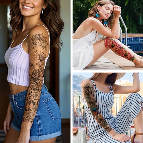 Christmas 8 Sheets Full Arm Temporary Tattoos for Adults, Waterproof Realistic Flower Bird Feather Fake Sleeve Tattoos For Women Men, Tiger Fish Tattoo Set Hand Body Art for Party Celebration Cosplay