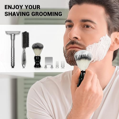 Adjustable Double Edge Safety Razor Shaving Kit for Men & Women - Shaving Brush, 10 Relacement Blades, Cleaning Brush & Razor Holder, Gift for Him, Boyfriend, Dad, Husband