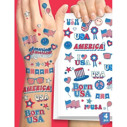 House of Party 4th of July Tattoos - 140 Styles | American Flag and USA Tattoos | Red, White, and Blue Party Supplies | Patriotic Fake Tattoos for Independence Day, Memorial Day, and Labor Day!