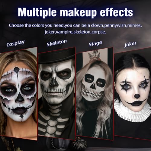 White Black Blue Halloween Face Body Paint with 3PCS Sponge and 1PC Brush, for Baseball Sports(Eye Black) & Halloween, Face Painting Kit for Skeleton Skull Clown Makeup, , Cosplay, SFX Costumes