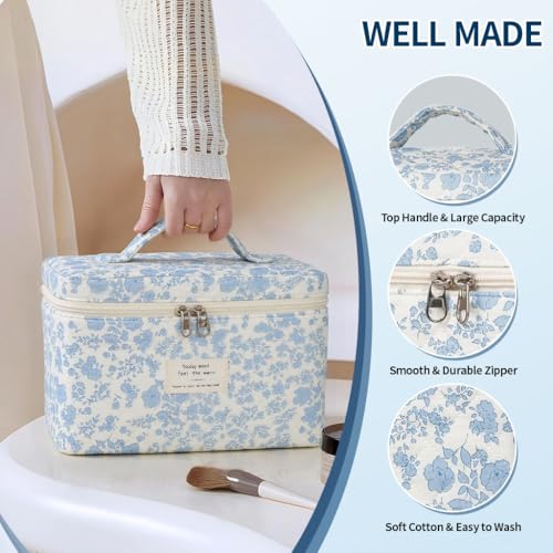Makeup Bag Toiletry Bag Cosmetic Bag Cute Preppy Stuff Things for Teen Girls Large Make Up Pouch Floral Quilted Skincare Bags Organizer Travel Essentials for Women Gifts for Women