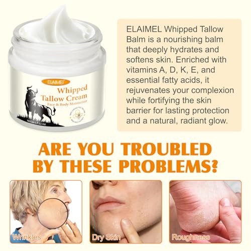 Grass-Fed Tallow & Raw Honey Balm | Whipped Skin Cream for Face & Body | Soothes & Repairs Dry, Sensitive Skin | Organic, All-Natural Deep Hydration (2.1 oz)