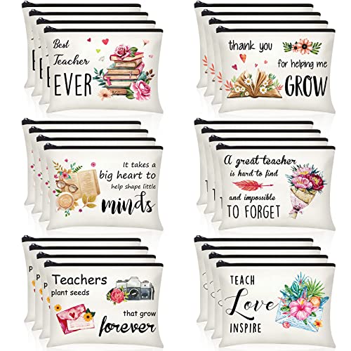 Capoda 24 Pcs Teacher Appreciation Gifts Bulk Makeup Cosmetic Bags Survival Kit Bags with Zipper Funny Pencil Pouch for Graduation Birthday Christmas(Flower)