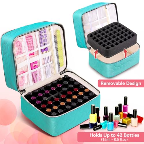 DreamGenius Gel Nail Polish Organizer Case for 48 Bottles, Nail Polish Organizer Case Holds 42 Bottles (15ml/0.5 fl.oz), Clear and Blue