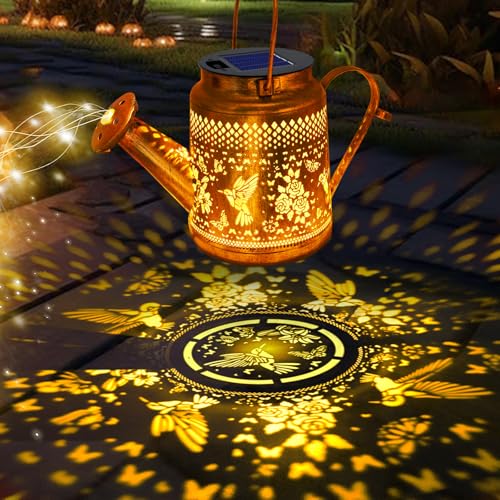 Solar Lanterns Outdoor Waterproof, Hummingbird Watering Can Garden Decor, Hanging Solar Path Lights Yard Art, Outside Patio Decoration Gardening Christmas Gift for Mom Grandma Women with Shepherd Hook