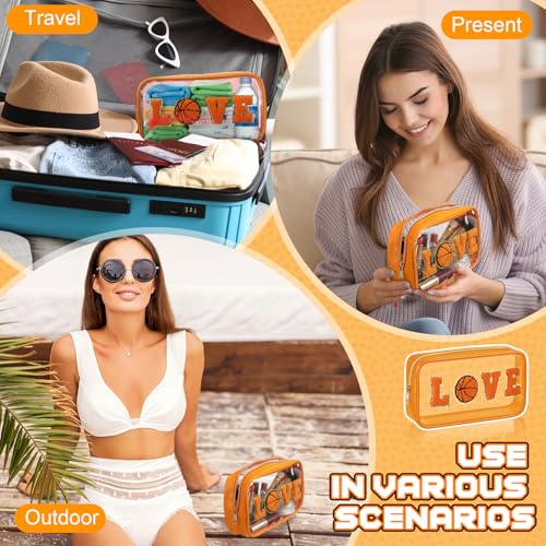 6 Pcs Basketball Clear Makeup Bag with Chenille Letter Patch Sport Goodie Clear PVC Pouch Organizer Waterproof Travel Toiletry Bags for Sports Theme Birthday Party Supplies