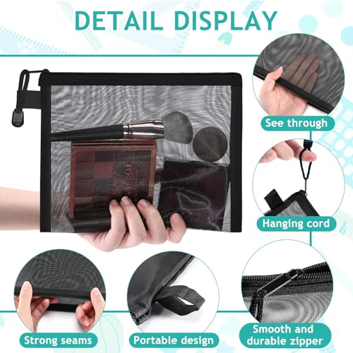 15-Piece Mesh Zipper Pouch Set, Nylon Mesh Makeup Bags, Portable Organizing Pouches for Travel (Black, 8.8x7 Inch)