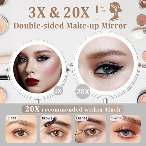 9in Vanity Mirror with Lights, Rechargeable&Dimming Lighted Makeup Mirror, 3X/20X Double Sided Magnifying Mirror,5000mAh,360 Rotate,3 Color Lights,Brightness with 80 LED,No Height Adjustment,Nickel