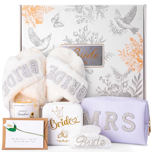 Bridal Shower Gifts Bride To Be Gifts Bride Slippers Mrs Jewelry Box Bride Hair Clip Scented Candle Wedding Engagement Bachelorette Gift for Bride To Be - 7PCS Bride Gift Greeting Card with Gift Box