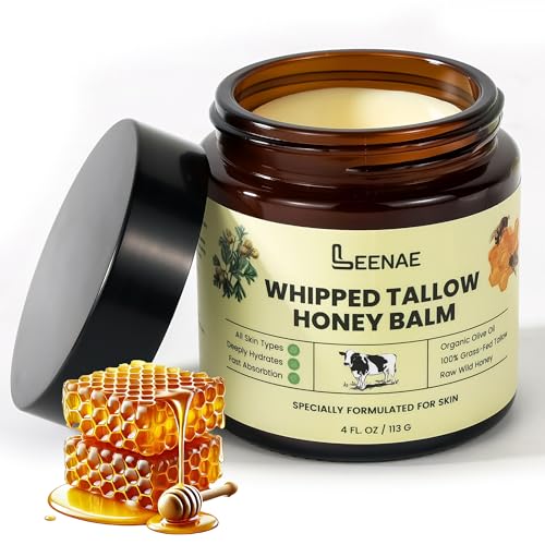 LEENAE Whipped Beef Tallow Moisturizer with Honey ? Grass Fed Tallow Face & Body Balm, Unscented Natural Skin Cream with Olive Oil, 4 oz