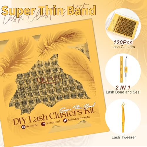 QUEWEL DIY Lash Extension Kit, Wispy Lash Clusters Kit D Curl 10-16mm Lash Clusters Natural Look Super Thin Band Cluster Lashes Kit 120 PCS with Lash Bond and Seal and Lash Tweezers(Feather 01 Kit)