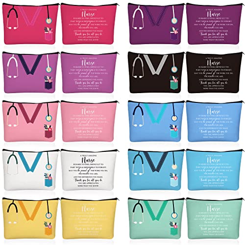 Sabary 20 Pcs Nurse Makeup Canvas Bags Bulk Nurse Appreciation Gifts Nursing Thank You Cosmetic Bag with Zipper Travel Work Accessories Pouch for Nurses Week Party Favors
