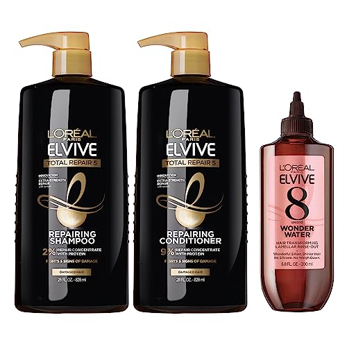 L'Oreal Paris Elvive Total Repair 5 Repairing Shampoo and Conditioner, 28 Oz (Set of 2) + Elvive 8 Second Wonder Water Lamellar, Rinse out Moisturizing Hair Treatment for Silky, Shiny Hair, 6.8 FL Oz