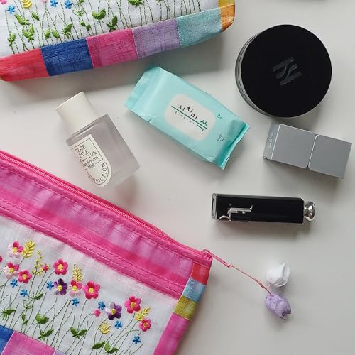 Korean Traditional Patchwork Pouch ? Hand-Embroidered Floral Design with Zipper (Light Blue)