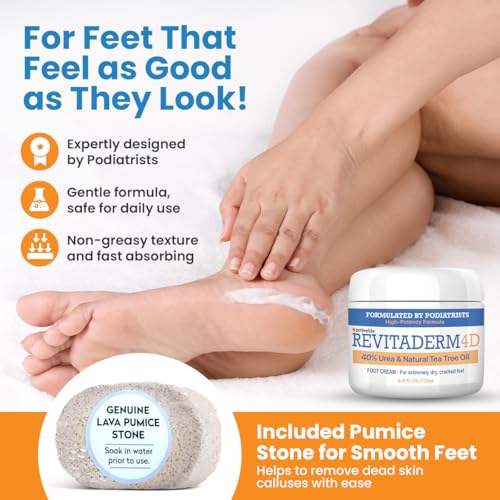 Revitaderm 4D 40% Urea Advanced Foot Cream for Cracked Heels & Dry Skin, Intensive Repair for Rough, Callused Feet, Fast Absorbing, Fragrance Free, Made in USA, 4 oz with Pumice & Brush, 1 Pack